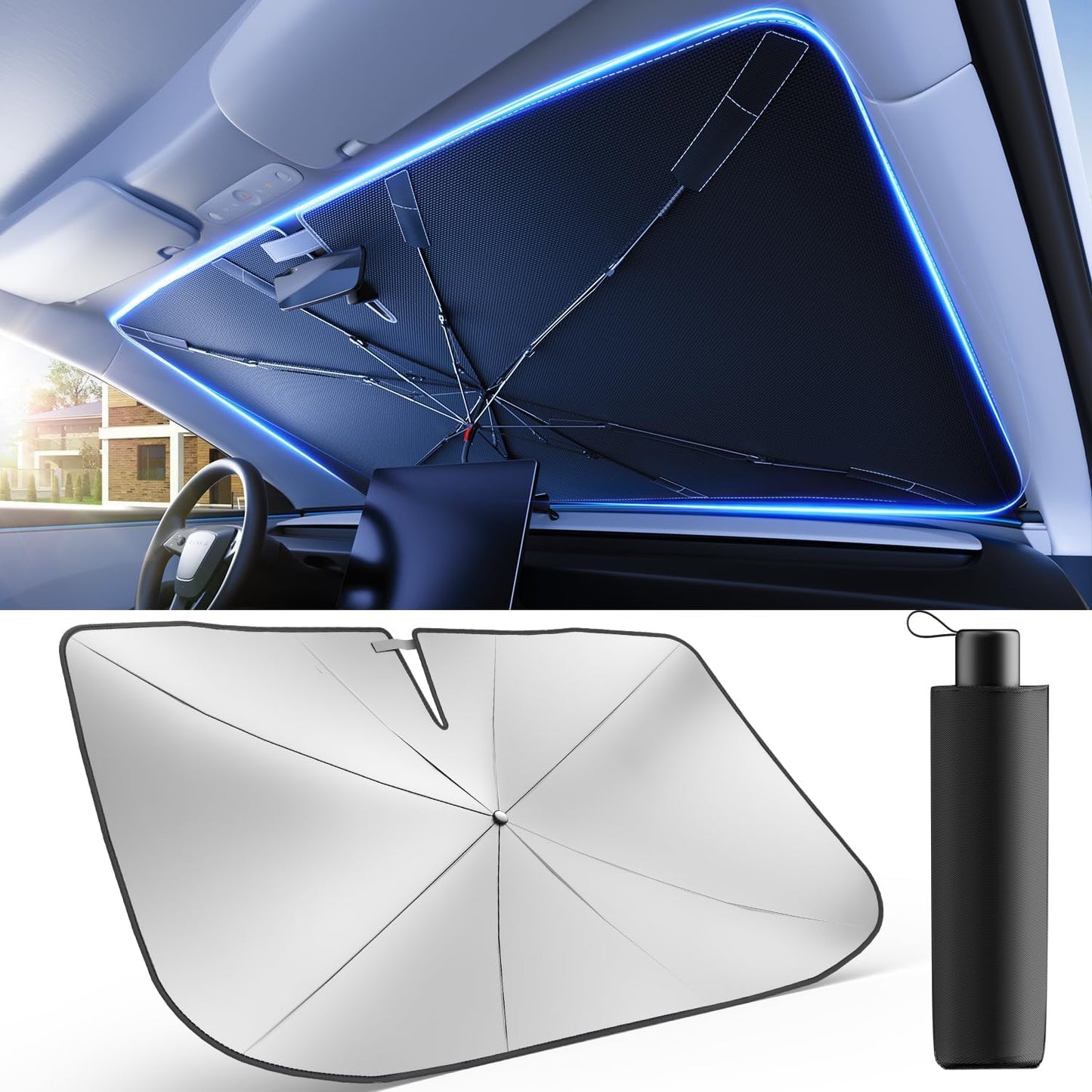 [2025 Upgrade] Weektic Windshield Sun Shade Umbrella [Urethane Coated Heat Shield] Ultimate Cooling Car Sun Shade Protect Interior from Sun Rays & Keep Cool, Medium(57" L x 31" W)