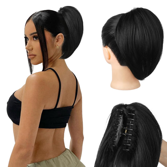 NTYNTY Ponytail Extension, 10" Short Claw Clip in Ponytail Hair Extensions Messy Bun Hair Piece Natural Soft Synthetic Straight Pony Tail Hair Pieces for Women - Black