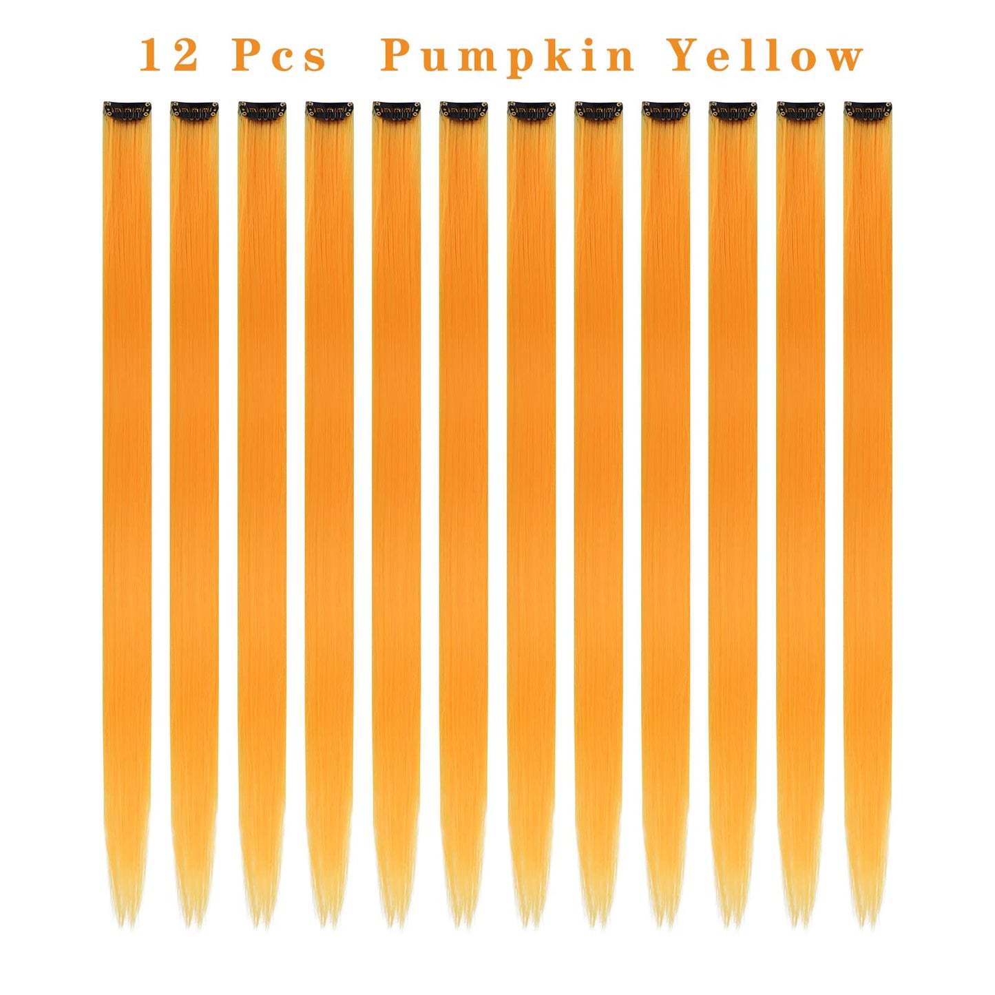 12PCS Colored Pumpkin Yellow Hair Extensions Party Highlights Colorful Clip in Hair Extensions 22 Inch Straight Synthetic Hairpieces for Women Kids Girls Halloween Christmas Cosplay(Pumpkin Yellow)