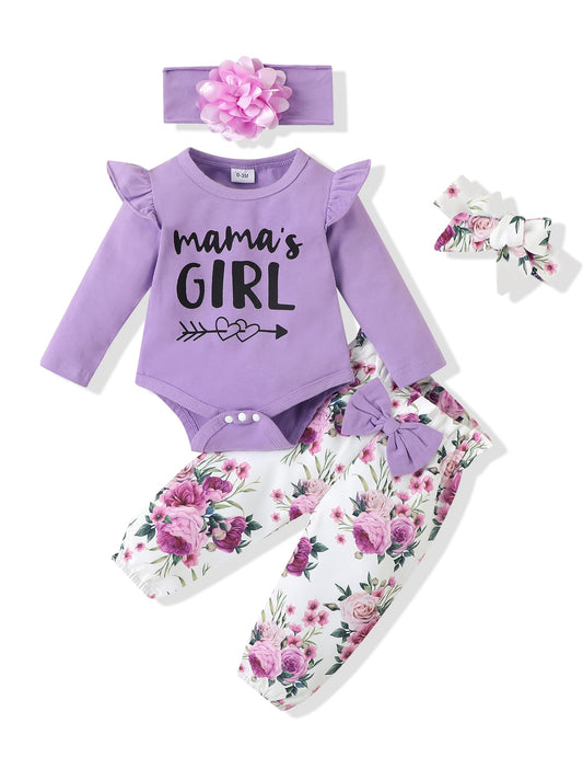 SUNNY PIGGY Baby Girl Clothes 3-6 Months Newborn Infant Outfit Ruffle Long Sleeve Romper Floral Pant Set Girl's Clothing Soft Fall Winter Letter Pattern Adorable Gift 4Pcs Overall