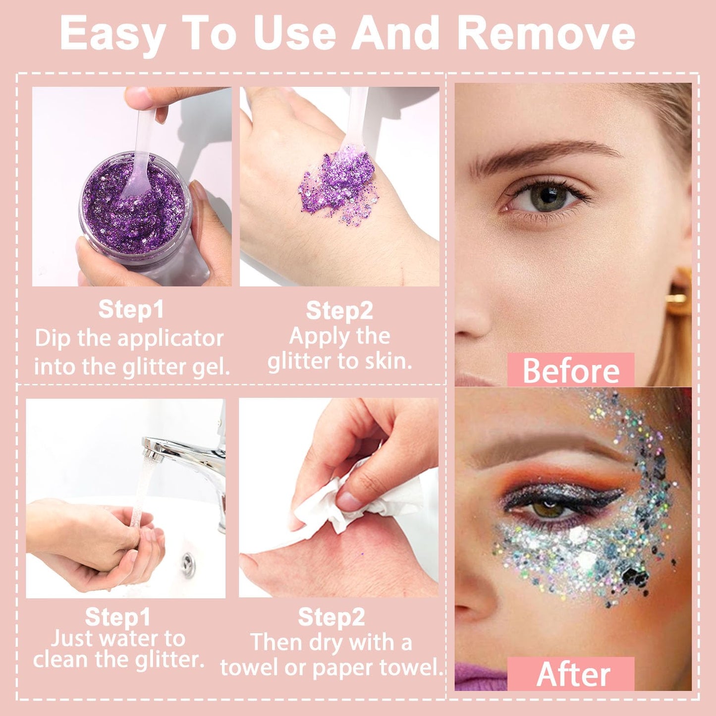 Boko 50ML Body Glitter Gel, Red White Blue Chunky Glitter for Face Hair Body Pride Makeup, Patriotic Glitter for Concert Flag Party Independence Day Event Rave Accessories