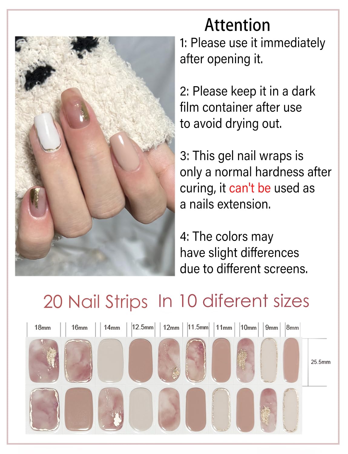 Semi Cured Gel Nail Strips, 20pcs Gel Nail Stickers UV, Semi Cured Gel Nail Wraps for Home Nails DIY -Plum Marble