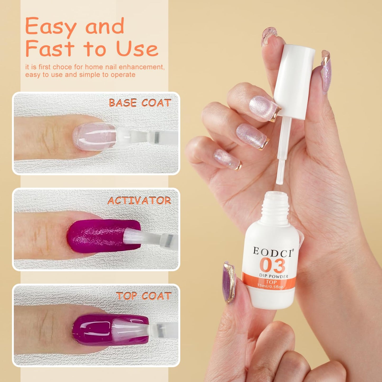 eodci Dip Powder Liquid Set,15ml Large Capacity Dipping Powder System Essential Set with Base & Top Coat,Dip Powder Activator, No Need Nail Lamp Cured,Good for Nail Salon and Nail Beginners