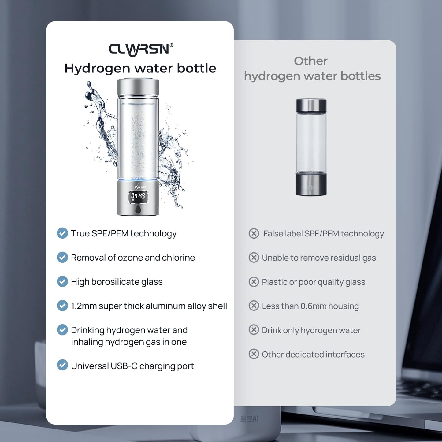 Hydrogen Water Bottle, Portable Glass Hydrogen Water Bottle Generator Machine-SPE/PEM Technology-Athletic Performance & Hydration System-for Office, Home & Outdoor Use(Silver)