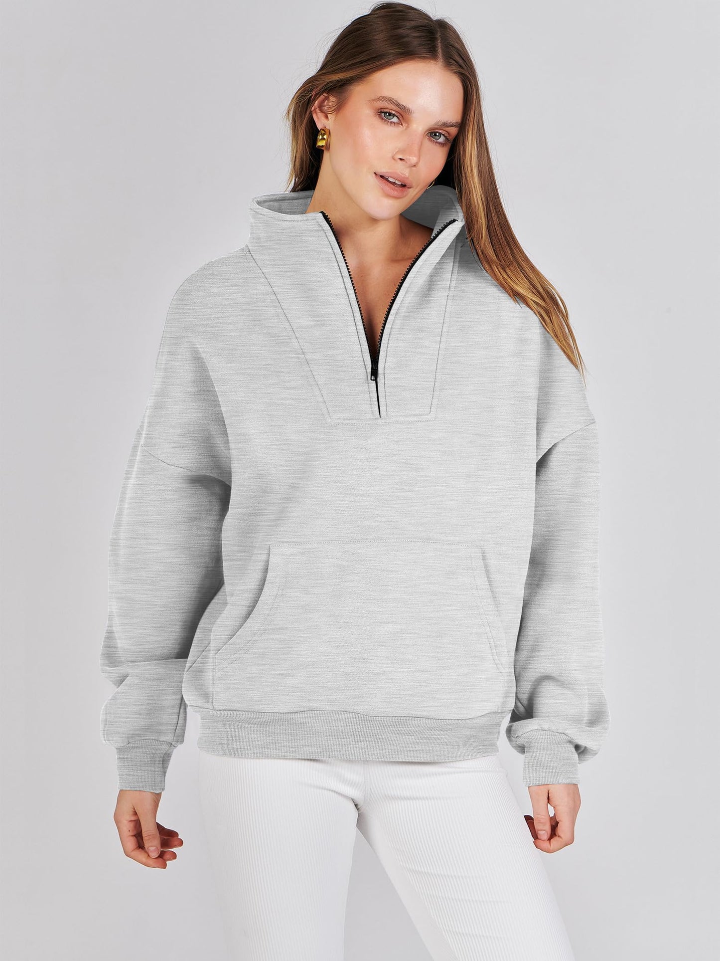 ANRABESS Womens Half Zip Sweatshirts Oversized Crop Pullover 2024 Winter Y2K Fleece Hoodie Sweater Teen Girls Fall Clothes Light Gray Large