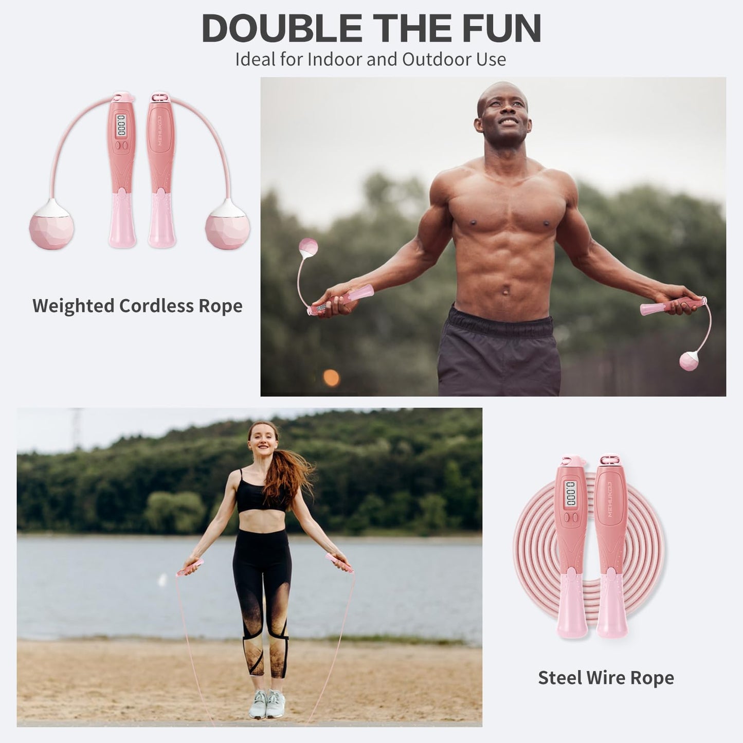 Jump Rope with Counter Cordless Jump Rope Ropeless Skipping Rope for Fitness Training Speed Rope with Digital Handle for Exercises Men, Women and Kids Wireless Skipping Rope Indoor Outdoor (Pink)