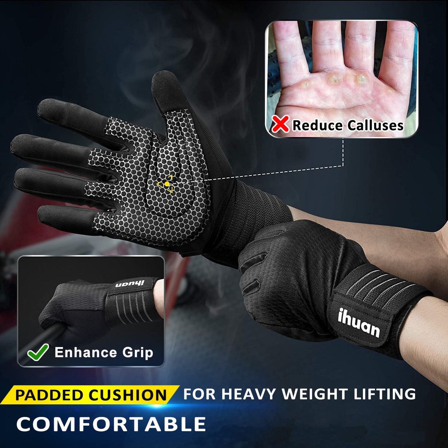ihuan Workout Gloves for Men Full-Finger: Weight Lifting Gloves for Men, Gym Lifting Gloves Full Hand Gloves for Weightlifting, Deadlift