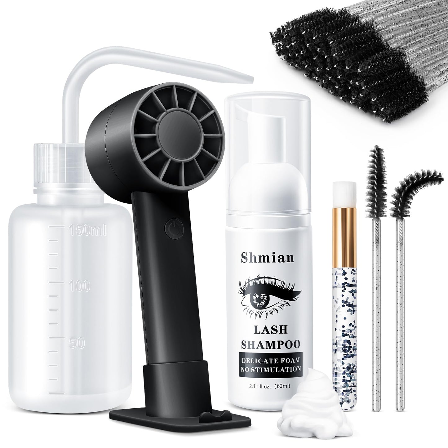 Shmian Professional Eyelash Shampoo & Cleanser 60ml - Gentle Lash Extension Cleansing Foam with Mascara Brush Kit, Handheld Fan - Safe Lash Bath Care for Long-Lasting Volume (Black Fan kit)