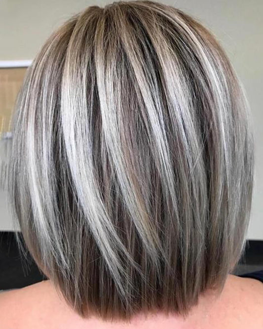 RENERSHOW Medium Length Bob Wig with Bangs for White Women Layered Blonde Balayage Bob Straight Hair Wig Natural Synthetic Hair Replacement Wig Ombre Platinum with Brown Wig