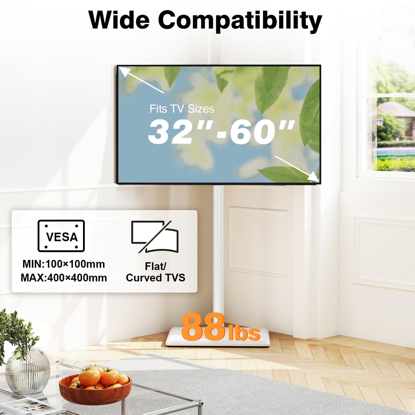 TVON Floor TV Stand with Mount for Most 32-60 Inch Flat/Curved TVs up to 88 lbs, Height Adjustable TV Mount Stand with Wood Base, Swivel TV Stand for Bedroom, Corner & Living Room, Max VESA 400x400mm