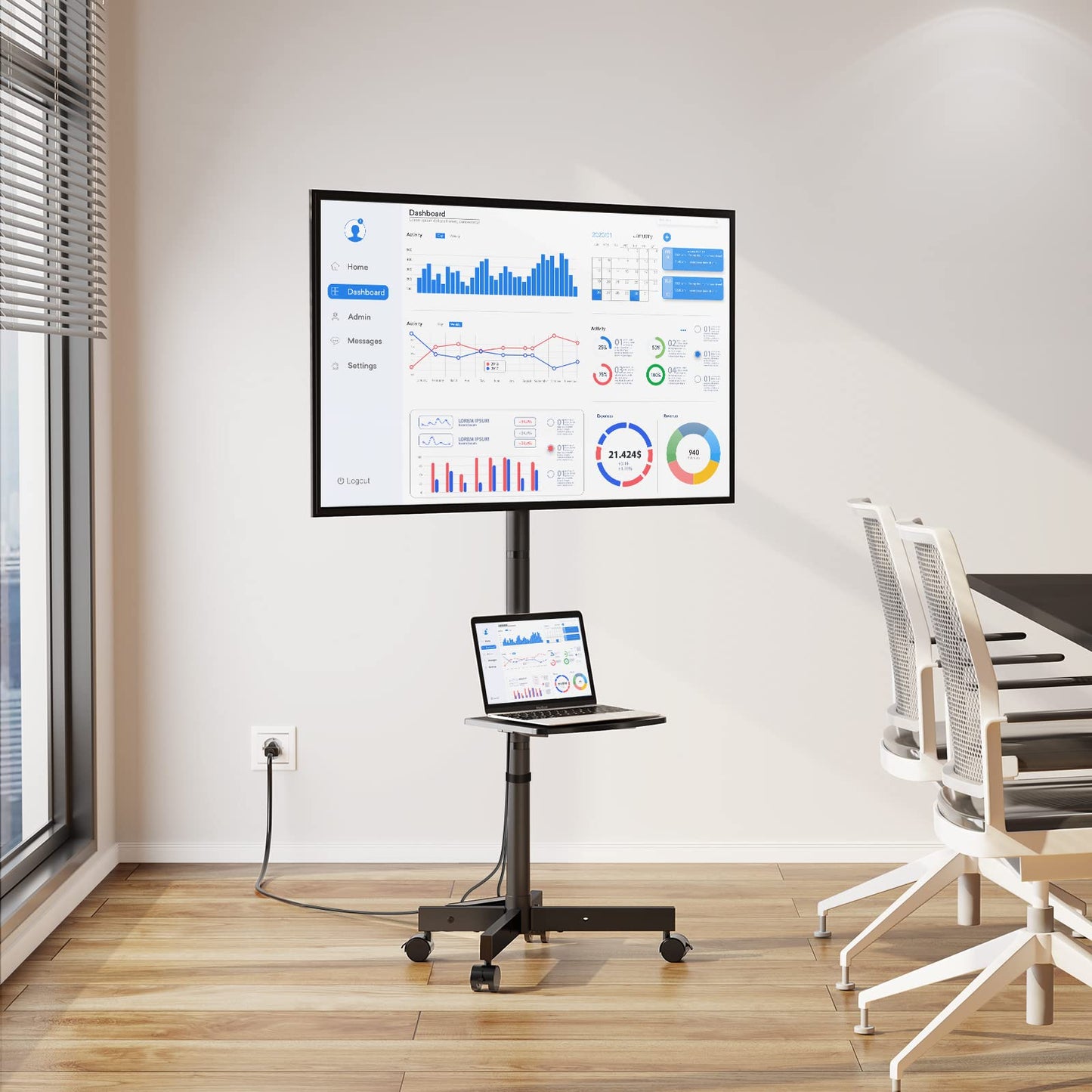 GREENSTELL TV Stand with Power Outlet, Mobile TV Cart on Wheels for 23-60 inch LED LCD Flat Curved Panel Screen TVs, up to 88 lbs, Height Adjustable Rolling TV Stand with AV Shelf, Max VESA 400x400mm