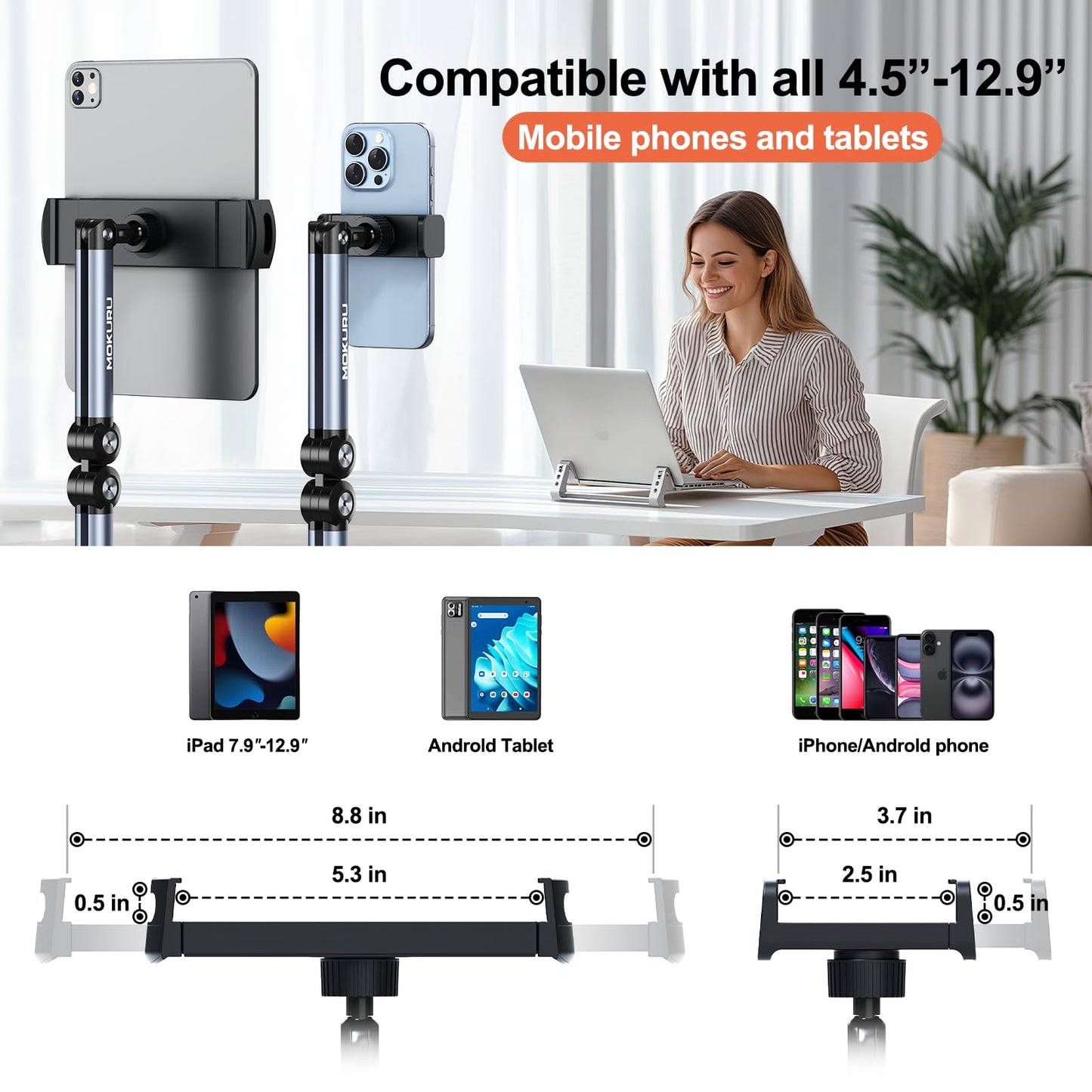 MOKURU Tablet Floor Stand, Adjustable Tablet Stand, 360° Rotation Tablet Holder, Compatible with iPad, iPhone, Samsung, Google, Kindle Tablet/Phone, (4.5''-12'')