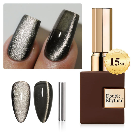 Double Rhythm 0.5 OZ Cat Eye Gel Polish with Magnet 15ML Holographic Glitter Shimmer Translucent Jelly Color Magnetic Polish Salon DIY at Home (Black-MC1047)