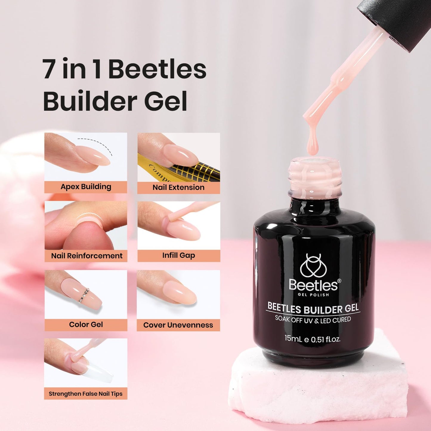 Beetles Builder Gel for Nails 7 in 1 Cover Nude Translucent Builder Strengthener Gel for Nail Extension, Need Base Coat