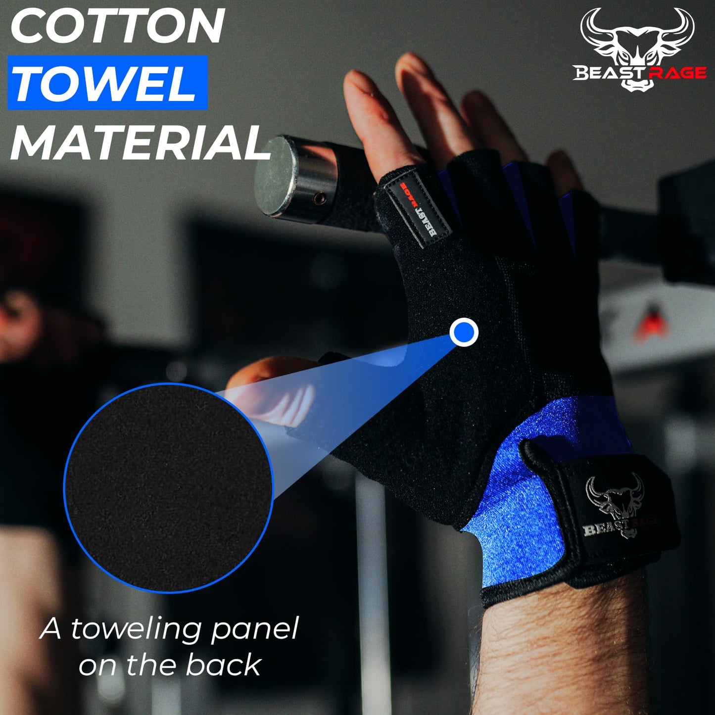 BEAST RAGE Workout Gloves for Men, Durable Palm Grip Gym Gloves Women Half Finger Elasticated Training Weight Lifting Strength Bodybuilding Anti Slip Cycling Gloves Exercise (Blue, S)