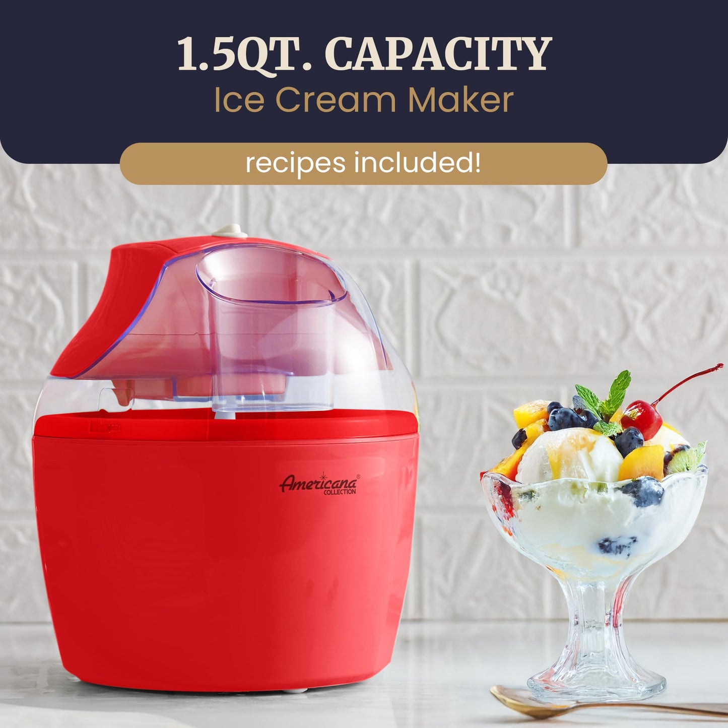 Americana EIM-1400R 1.5 Qt Freezer Bowl Automatic Easy Homemade Electric Ice Cream Maker, Ingredient Chute, On/Off Switch, No Salt Needed, Creamy Ice Cream, Gelato, Frozen Yogurt, Sorbet, Recipe Book
