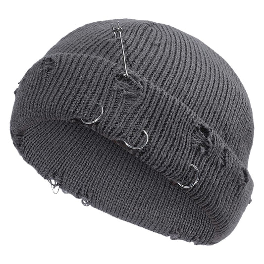 HeiDmai Distressed Ring Beanie Hat Unisex Fashion Hip-hop Slouchy Knitted Skull Caps (Grey)