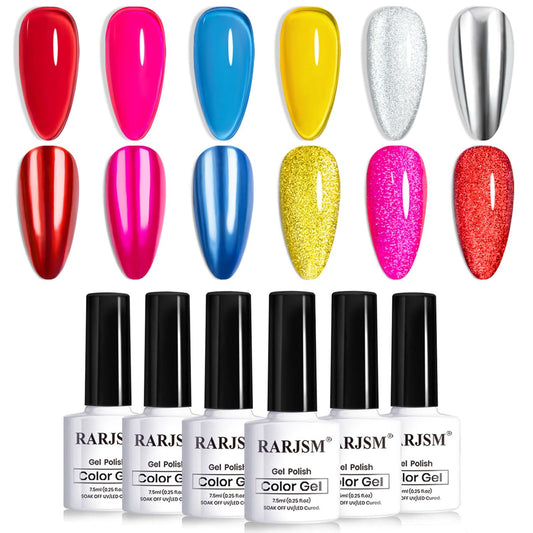 RARJSM Glaze Glass Metallic Cat Eye Gel Nail Polish Set Neon Amber Colors Bright Red Blue Yellow Rose Purple with Diamond Silver Cateye Metallic Silver Gelpolish UV LED Curing Requires Home Salon Diy