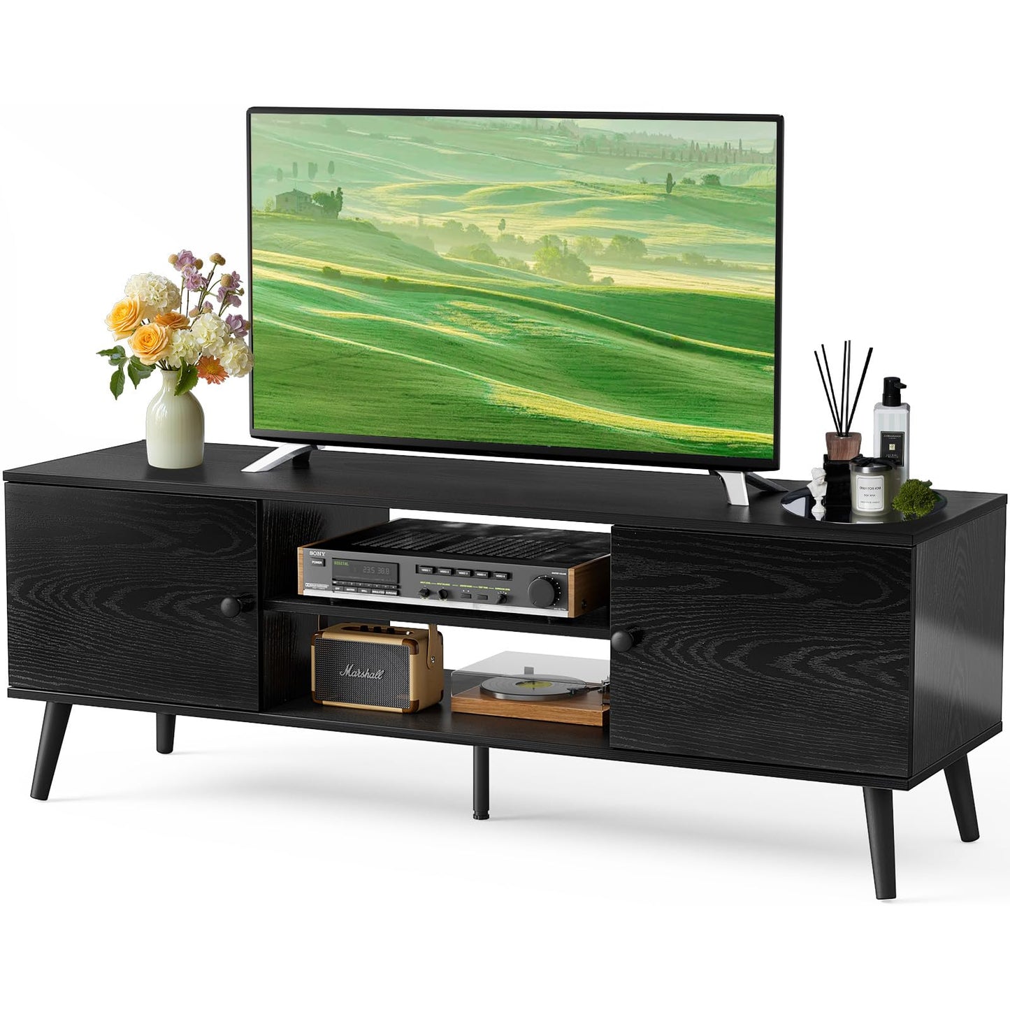 DUMOS TV Stand for 55 60 inch TV, Entertainment Center with Storage Cabinet, Mid Century Modern Media Console Table, Adjustable Hinge, Wooden Television Furniture for Living Room, Office - Black