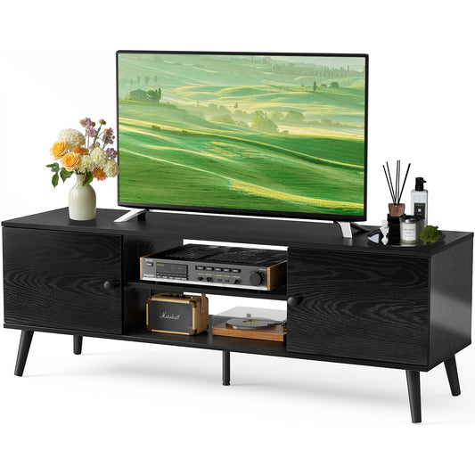 DUMOS TV Stand for 55 60 inch TV, Entertainment Center with Storage Cabinet, Mid Century Modern Media Console Table, Adjustable Hinge, Wooden Television Furniture for Living Room, Office - Black