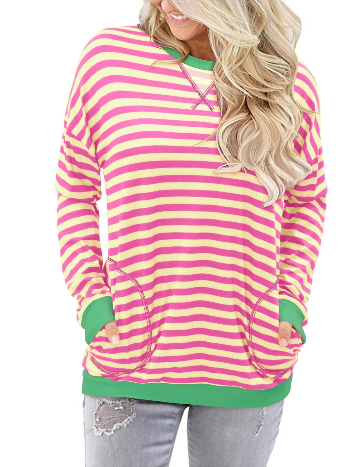 ONLYSHE Women's Long Sleeve Crewneck Shirts Loose T Shirts Striped Tops Casual Fall Spring Winter Pullover,PinkGreen,X-Large