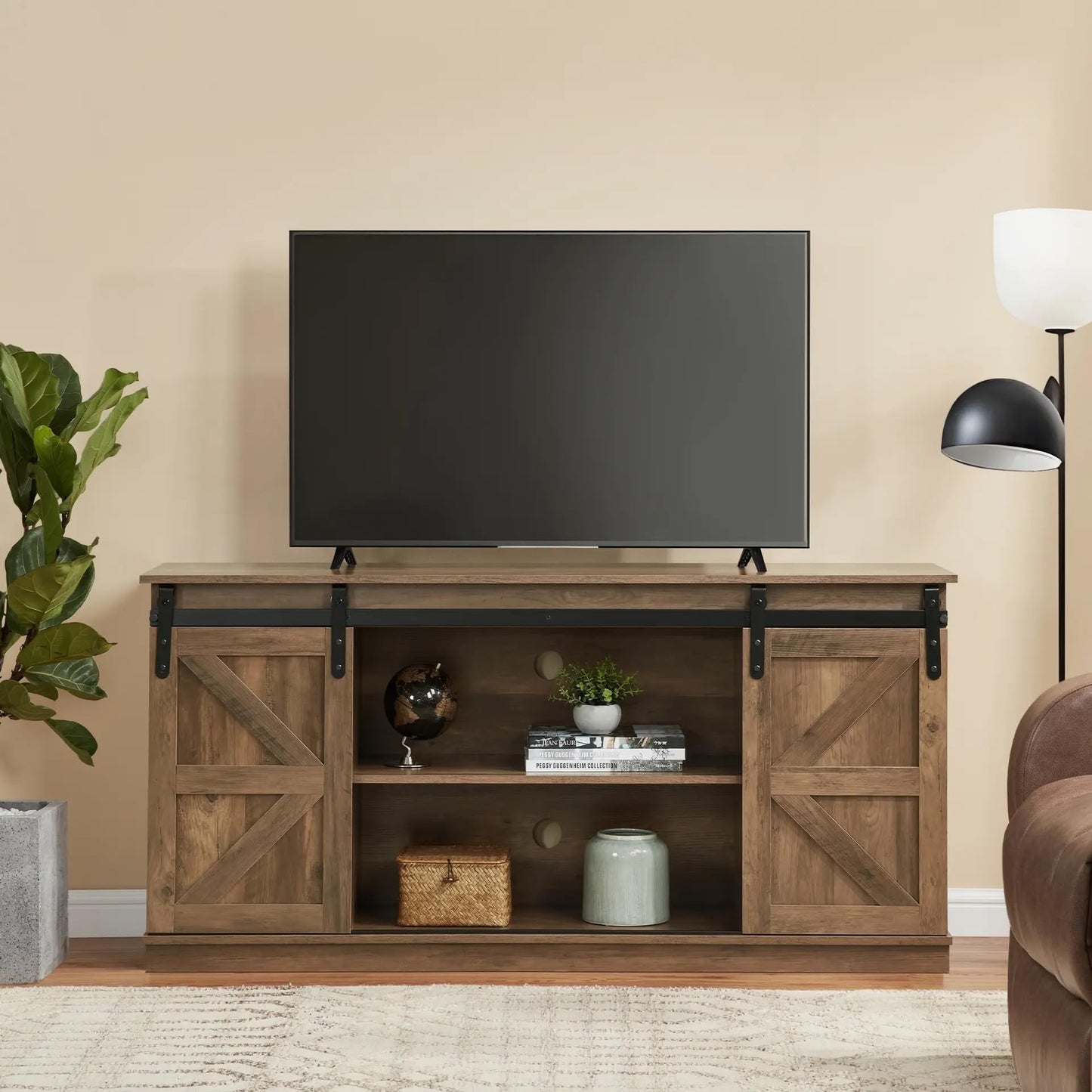 SANODESK 58" Farmhouse TV Stand and Entertainment Center for Televisions up to 65 Inchs,with Sliding Barn Doors and Storage Cabinets,Natural Brown