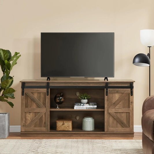 SANODESK 58" Farmhouse TV Stand and Entertainment Center for Televisions up to 65 Inchs,with Sliding Barn Doors and Storage Cabinets,Natural Brown