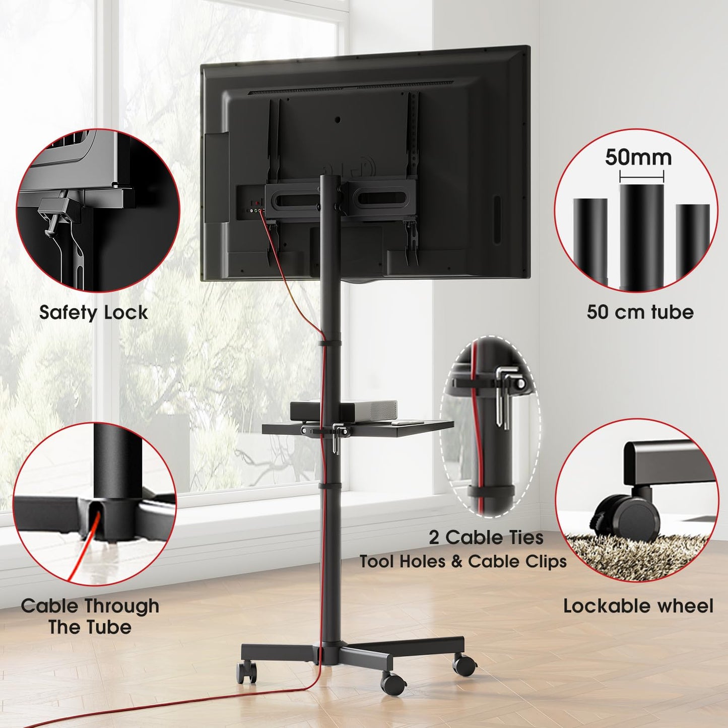 AOKCOS Rolling TV Stand - Mobile TV Stand on Wheels for 32-65 inch Flat/Curved TVs with Tilting, Height Adjustment Portable Rolling TV Cart Hold up to 88 Lbs for Livingroom, Bedroom, Office, Outdoor