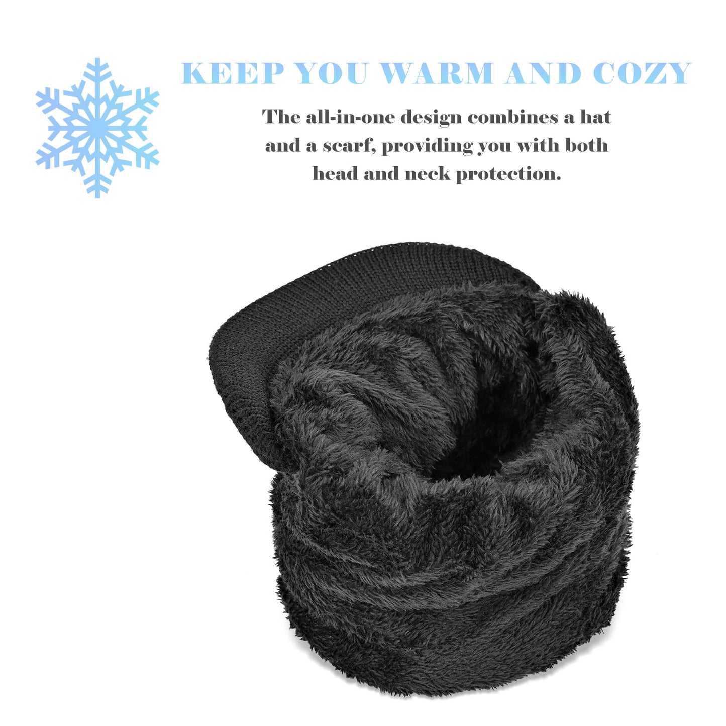 Yonchic Fleece Lined Beanie Hat, Elastic Soft Ear Protection Knitted Scarf Mask Hat with Zipper, Face Neck Warmer Set for Women (Black)