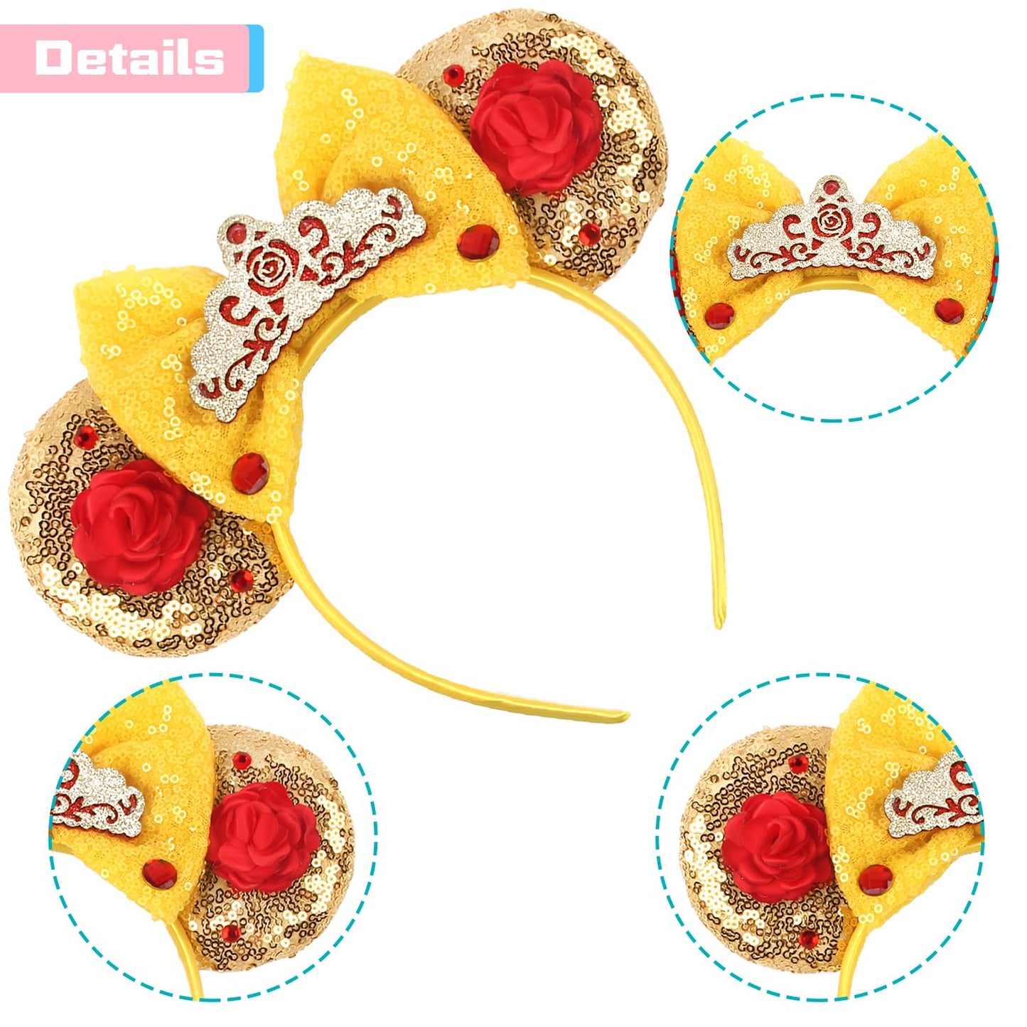 MADO belle mouse ears headband for women adults kids, yellow princess ears for adult kids women girls,Park mini ears headbands for women kids girls (yellow belle)