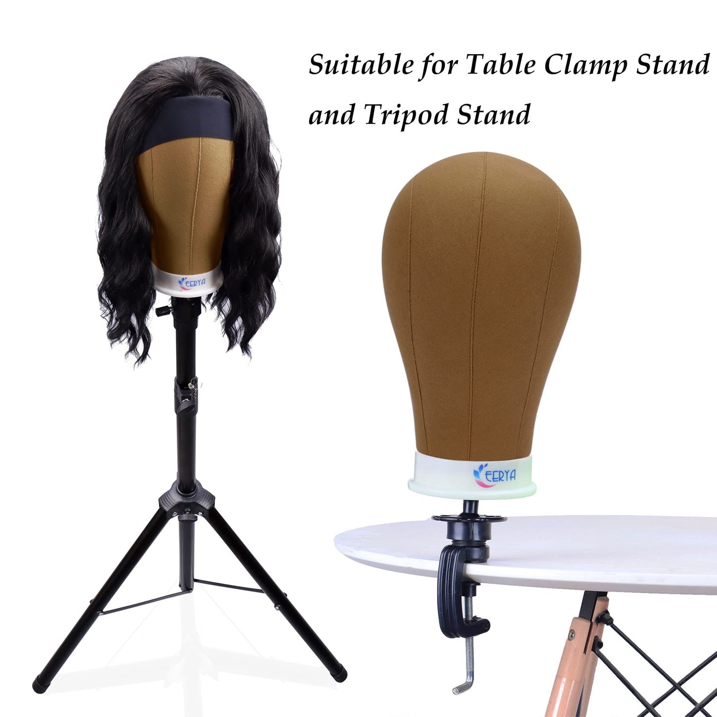 Eerya Wig Head Canvas Block Head 23 Inch Wig Head Stand for Making Wig Display Styling Brown Poly Canvas Block Wig Head with Stand Mannequin Head with Mount Hole Manikin Head Wig Stand(23 Inch,Brown)