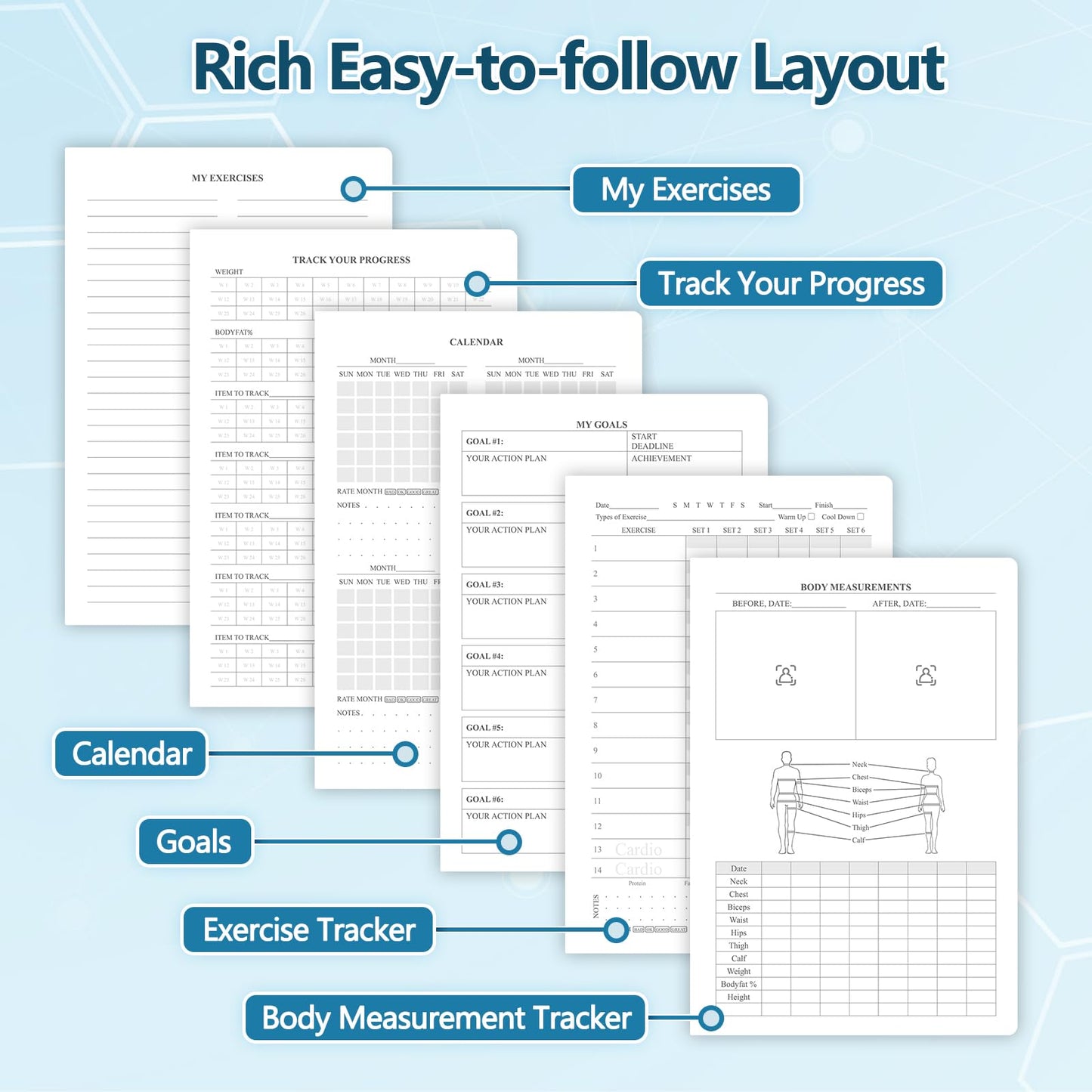 Fitness Journal Workout Journal for Women & Men, Hard Cover Leather Fitness Planner, Workout Log Book With Gym Goals, Calendar, Progress Tracker, A5-5.7" x 8.3" - Rose Gold