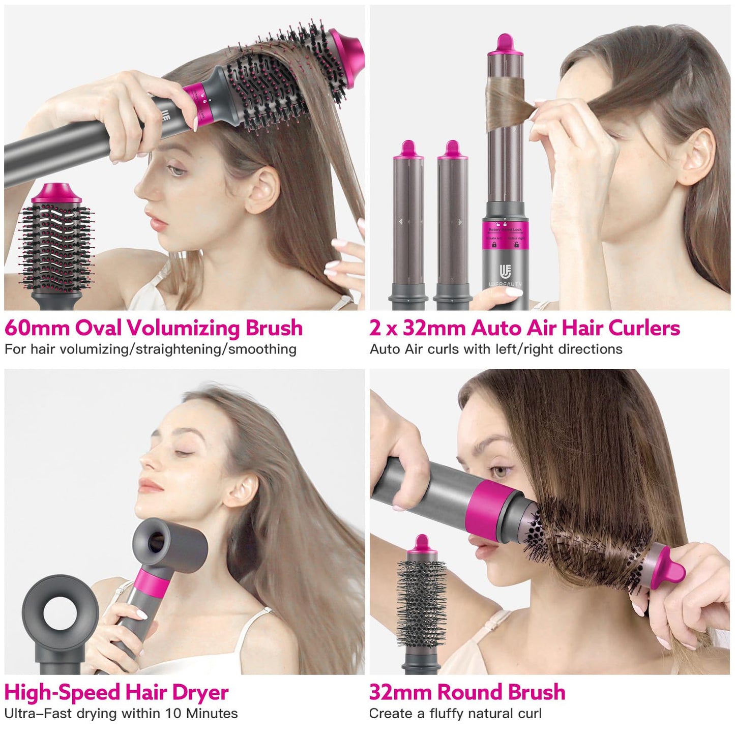 Hair Dryer Brush, webeauty 5 in 1 One Step Professional Hot Air Brush Set for Fast Drying, Curling Drying, Straightening Combing, Hair Styler [Ceramic Coating] [Negative Ion] 110000 RPM (Grey+Red)