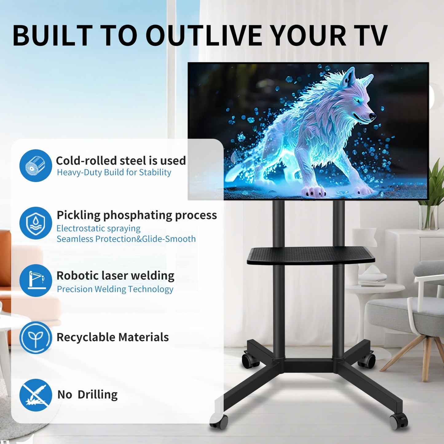 Rolling TV Stand with Wheels for 32-75 Inch TVs up to 88lbs, Portable TV Stand with Shelf, Mobile TV Cart for Living Room, Office, Meeting Room, Outdoor