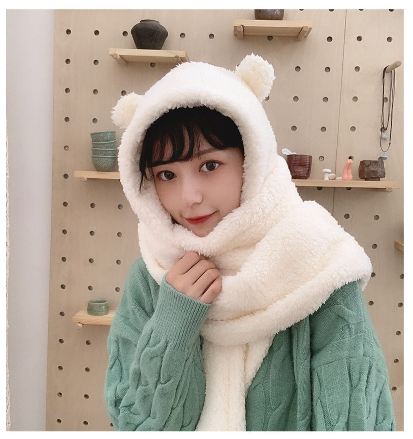 Women Kawaii Bear Ear Beanie Hat Scarf 2 in 1 - Cute Winter Warm Sherpa Thicken Fleece Fuzzy Japanese Fluffy Knit Hat Cap (White)