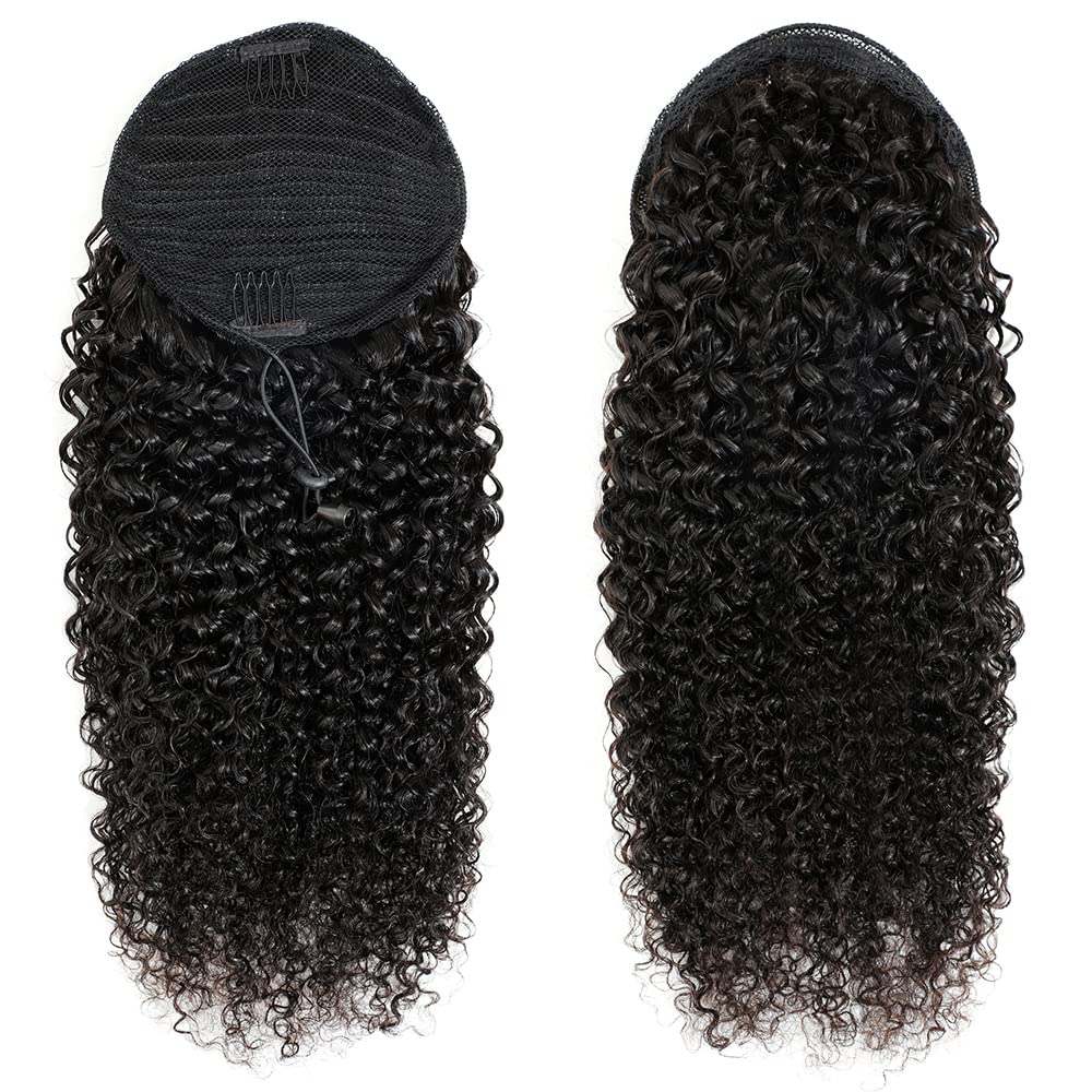 Adette 12 Inches Curly Ponytails Human Hair Drawstring Ponytail Extension Kinky Curly Clip in Pony Tail Hair Extensions Hair Pieces for Black Women Natural Black