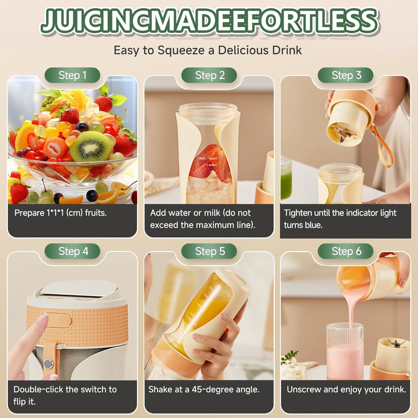 Portable Blender Cup 450ml Multi-Function Blender with Ice-Crushing,Strong Cutting Power with 6 Blades, BPA Free, USB-C Rechargeable,Fruit Veggie Juicer Cup for Home, Sport, Office