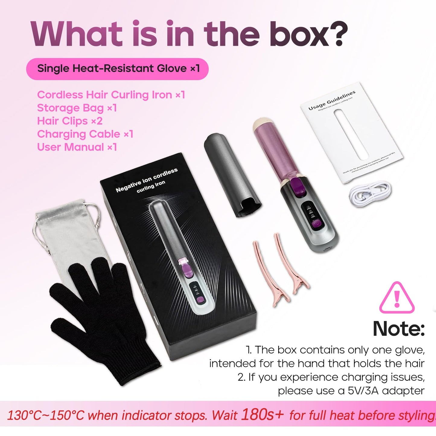 Youbella Cordless Curling Iron, 8000mAh Travel Hair Curler, Portable Heated Wand with Protective Cover & Gloves, USB Rechargeable for Big Waves, 1.35” Wireless Hair Styling Tool, Negative Ions, Gray