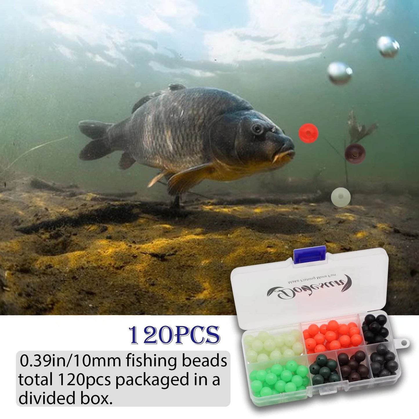 Dovesun Soft Rubber Fishing Beads Fishing Accessories Fishing Bait Eggs 7 Colors Round Fishing Beads with Fishing Tackle-Box 0.39in(120pcs)