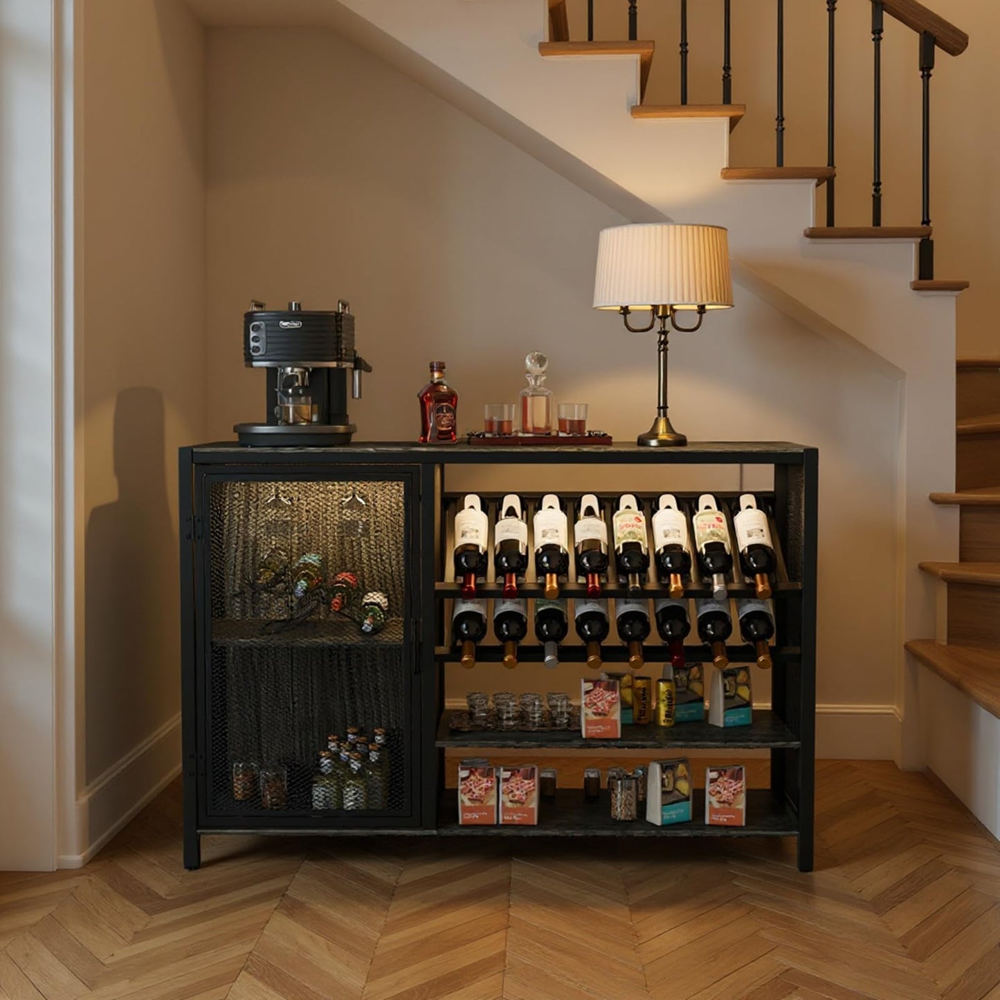 Wine Bar Cabinet with Socket and RGB Light, 47'' Home Coffee Bar Cabinet with Wine Rack and Glass Holder Buffet Sideboard TV Stand Liquor Cabinet for Living Room, Dining Room, Kitchen, Bar Grey