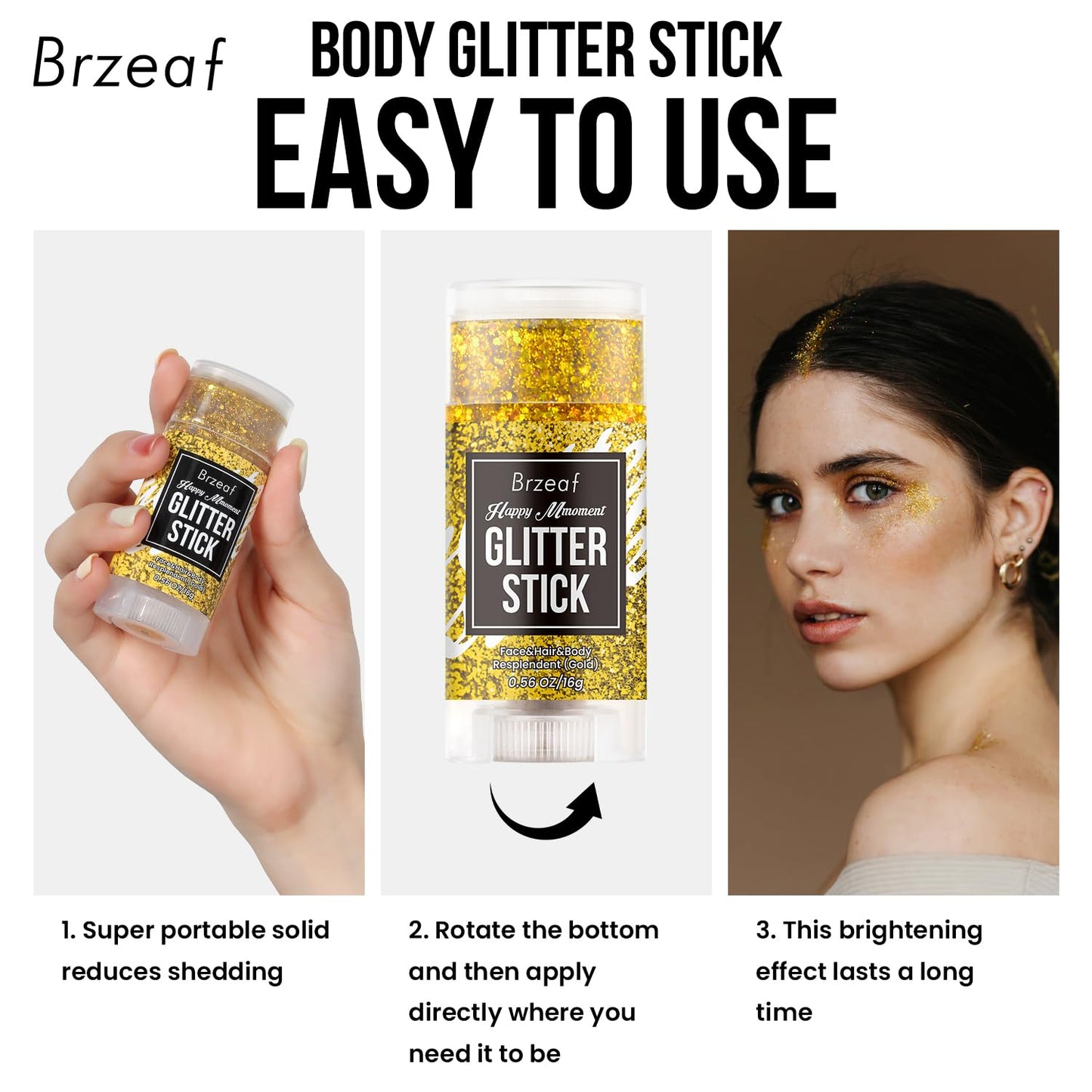 Brzeaf Waterproof Gold Glitter Stick, Face Glitter Makeup, Shimmery & Long Lasting, Chunky Glitter for Face/Body/Hair/Eyes/Lip, Singer Concert Music Christmas Rave Festival