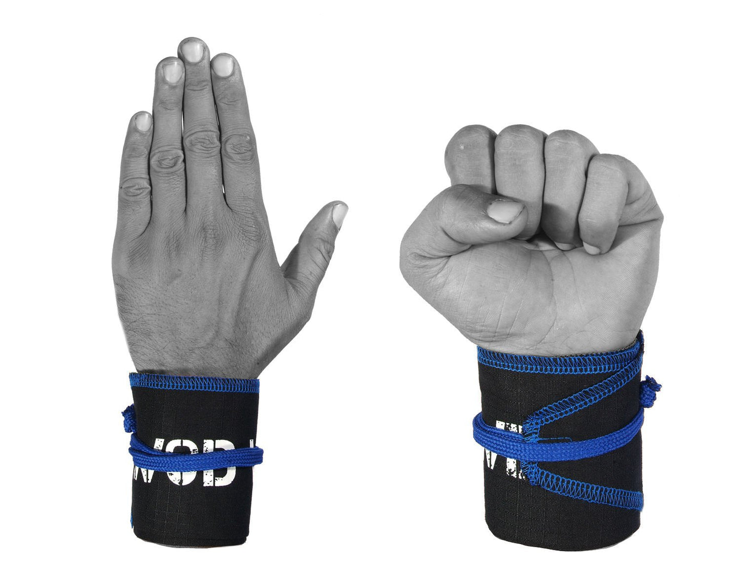 WOD Wear Wrist Wraps for Powerlifting, Strength Training, Bodybuilding, Cross Training, Olympic Weightlifting, Yoga Support - One Size Fits All (Black/Blue Stitch)