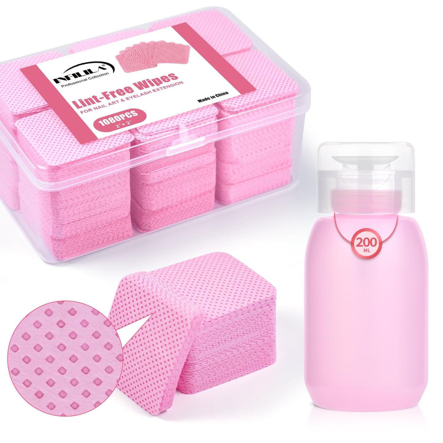 NXJ INFILILA 1080PCS Lint Free Nail Wipes Kit, Pink Gel Nail Polish Remover Set with 1PCS Acetone Pump Dispenser Bottle 200ml(6.8oz) for Professional Soak Off Gel Polish Remover