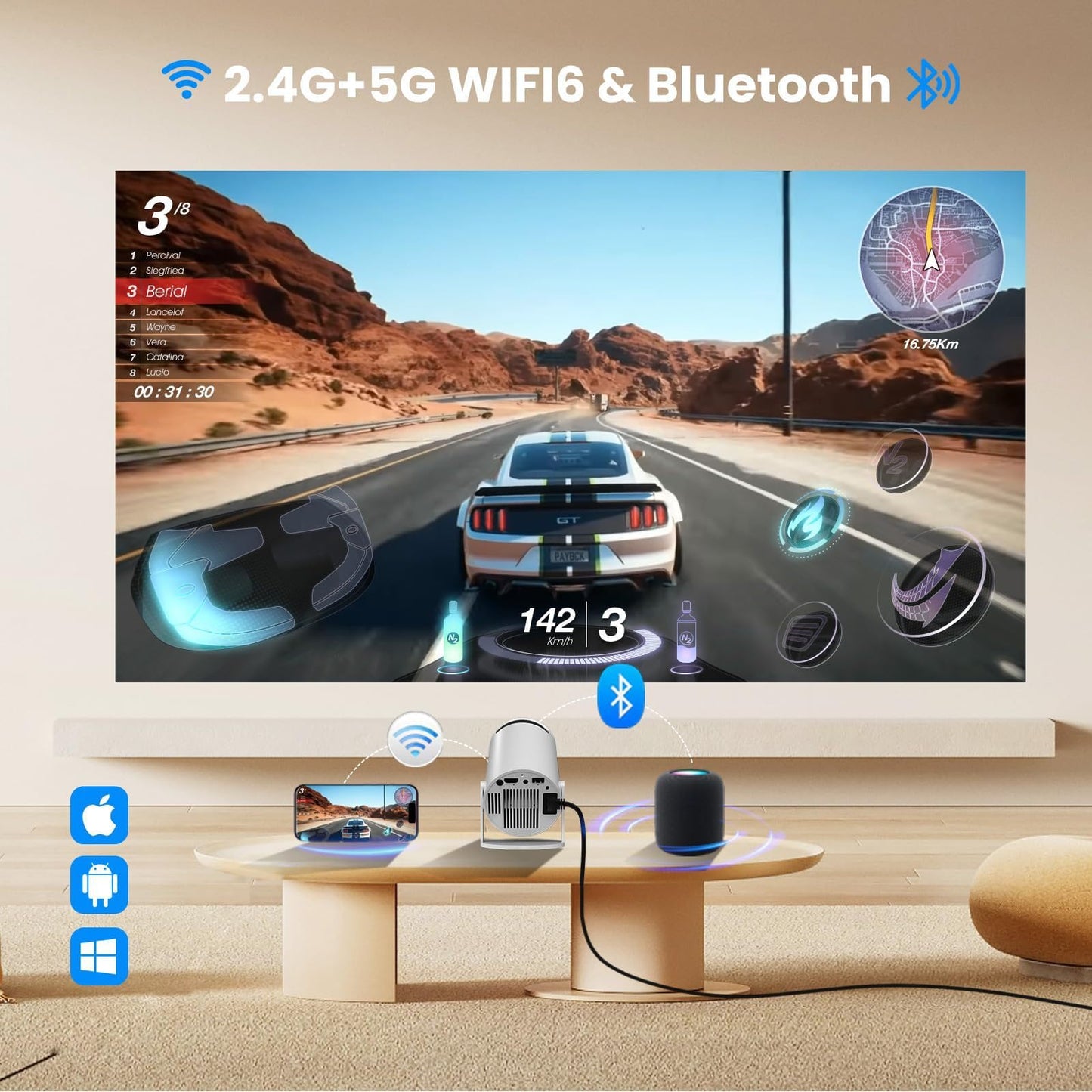 Mini Projector, 4K Decoding, 1080P Resolution, Compatible with Smartphones, Laptops, Tablets and Home Theater Devices, Equipped with Bluetooth 5.0 and Wi-Fi 6, Runs on Android 11.0 System