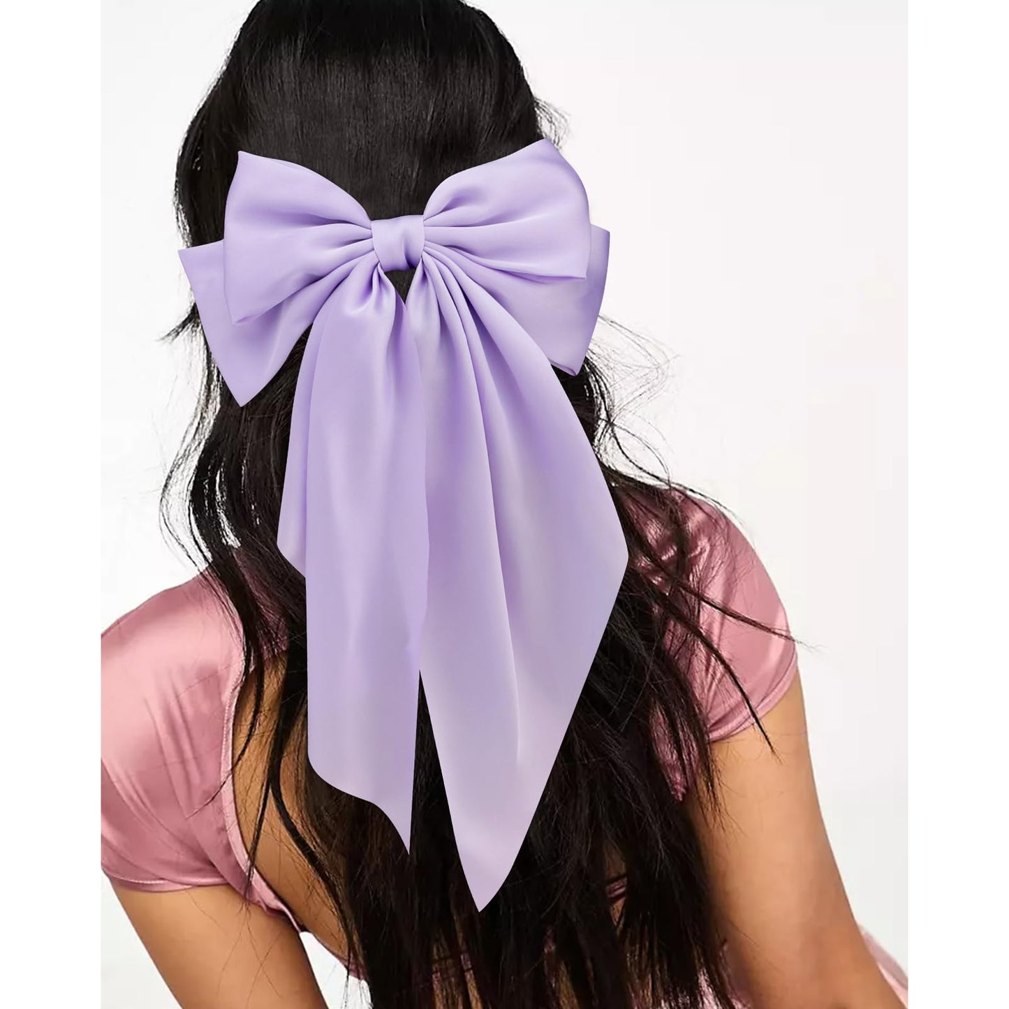 Velscrun Hair Bows for Women Girls 3Pcs White Pink Purple Silky Satin Large Bows Hair Clip Oversized Hair Ribbons Long Tail Big Bows Hair Accessories