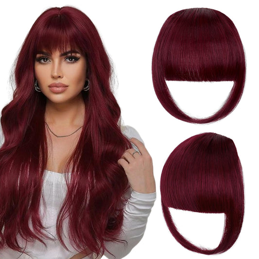 Cephermer Clip in Bangs, Synthetic French Bangs Hair Clip, Fake Bangs Fringe with Temples Hairpieces for Women Natural Curved Hair Extensions for Daily Wear Wine Red