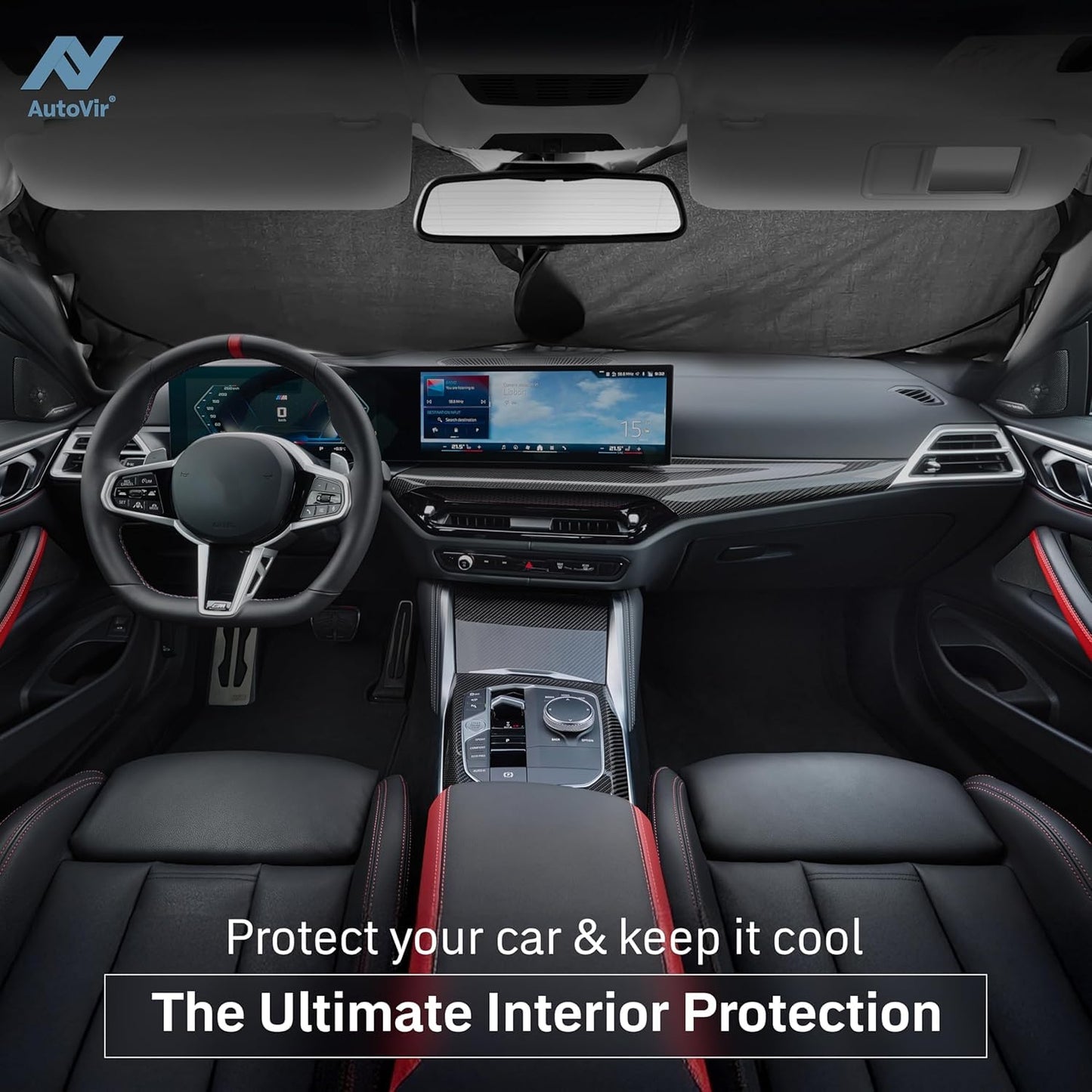 Autovir Foldable Windshield Sun Shade for Car – 240T Reflective UV and Heat Shield with Storage Bag | Keeps Interior Cool | Universal Fit for Sedans, SUVs, and Trucks – Medium (64" x 32")