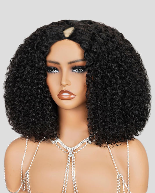 Megalook hair V Part Wig Human Hair 200% Density Deep Wave V Part Curly Wig Human Hair Bob Wigs No Glue No Sew In Half Wigs for Black Women U Part Wig Glueless Bob 12 Inch