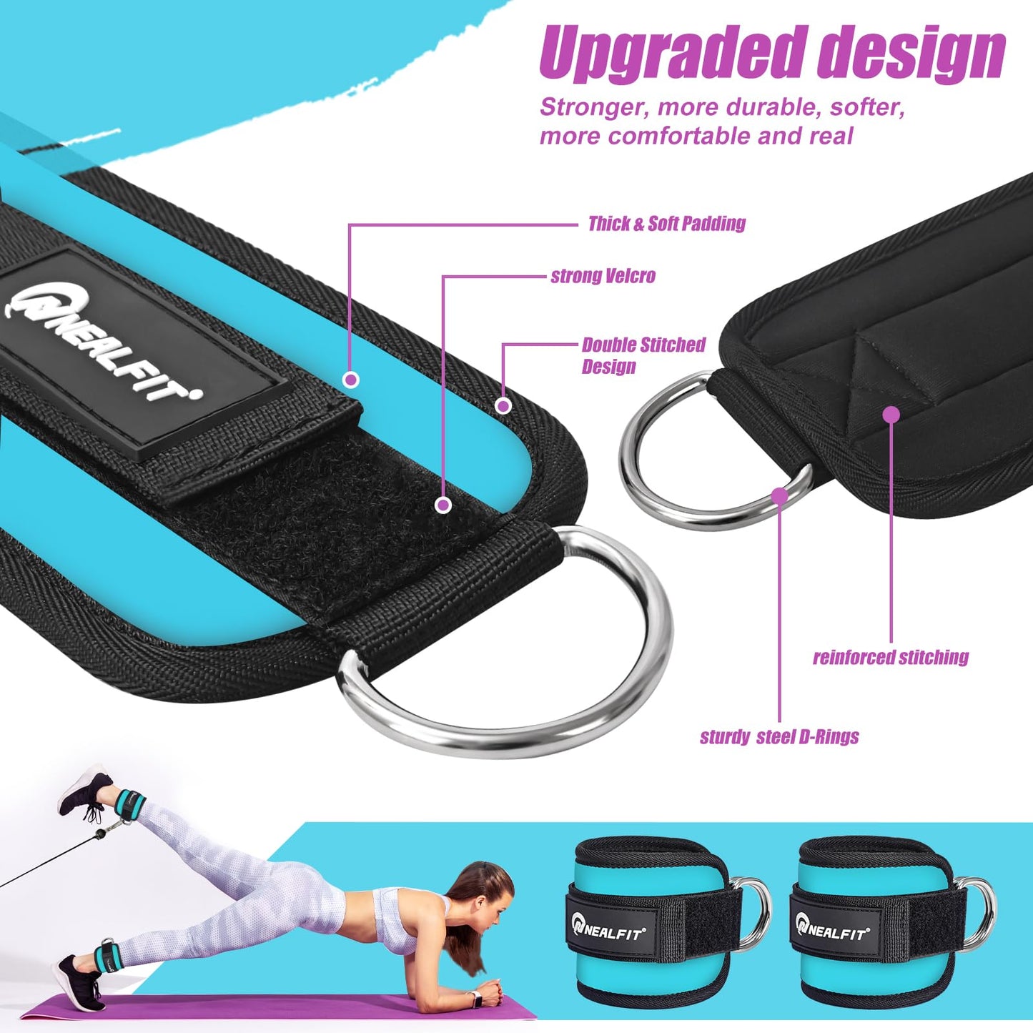 NEALFIT Ankle Strap for Cable Machine, Gym Ankle Cuff for Kickbacks, Leg Extensions, Glute Workouts, Booty Hip Abductors Exercise for Women and Men (Pair, Blue)