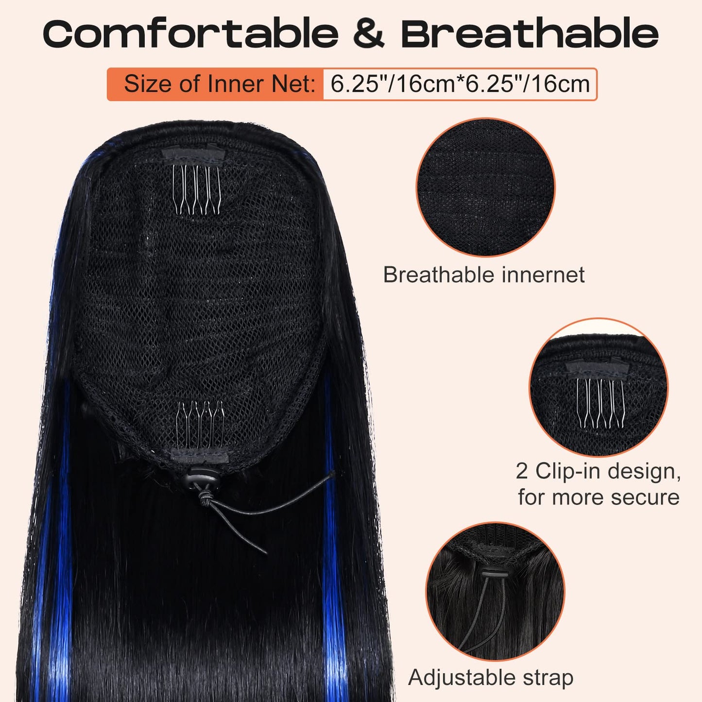 SEIKEA Ponytail Extensions Drawstring Long Straight Fake Pony Tail Natural Soft Clip in Hair Extension Synthetic Heat Resistant Hairpiece 28 Inch Natural Black with Blue Highlights